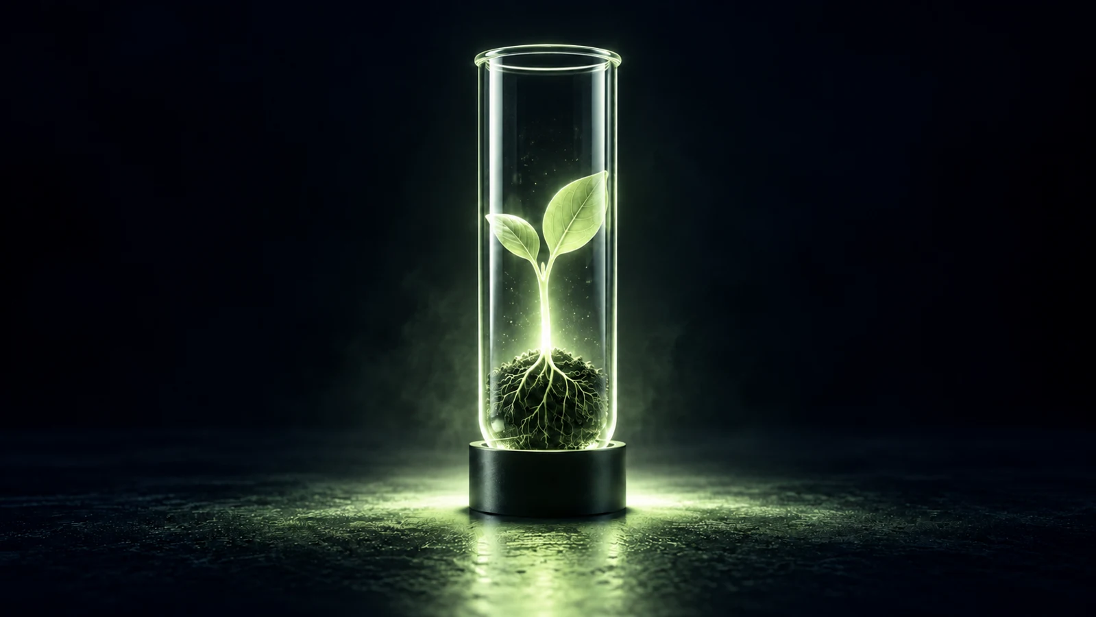A luminous seedling in a glass vessel represents a small, controlled AI pilot.