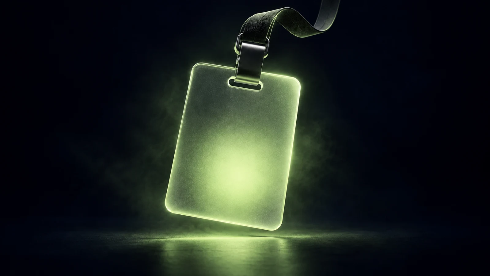 A glowing blank employee badge represents an AI assistant ready to learn its role.
