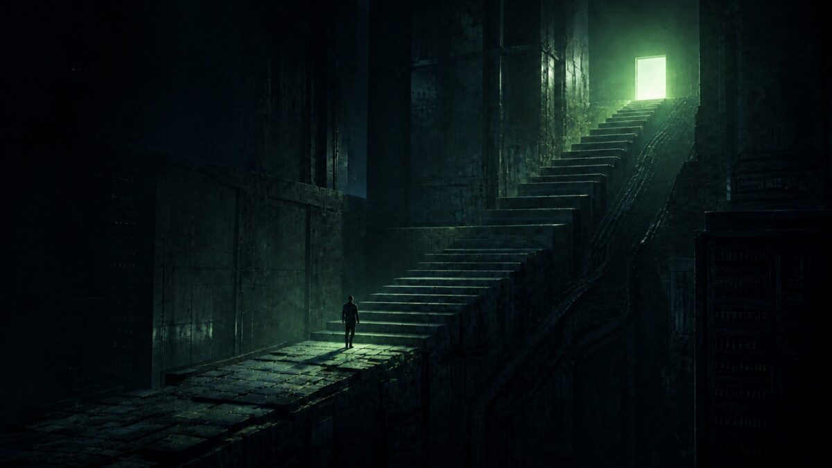 Industrial leader ascending a staged transformation roadmap toward an illuminated destination