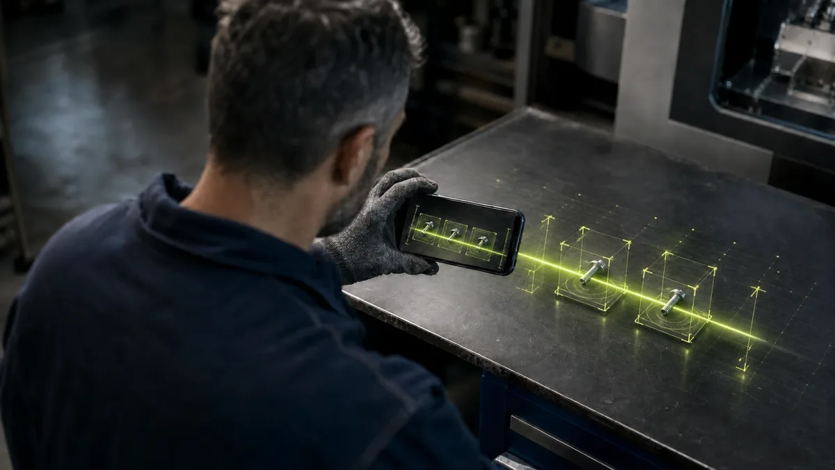 Factory worker using a role-aware AI agent to identify metal parts from a smartphone photo.