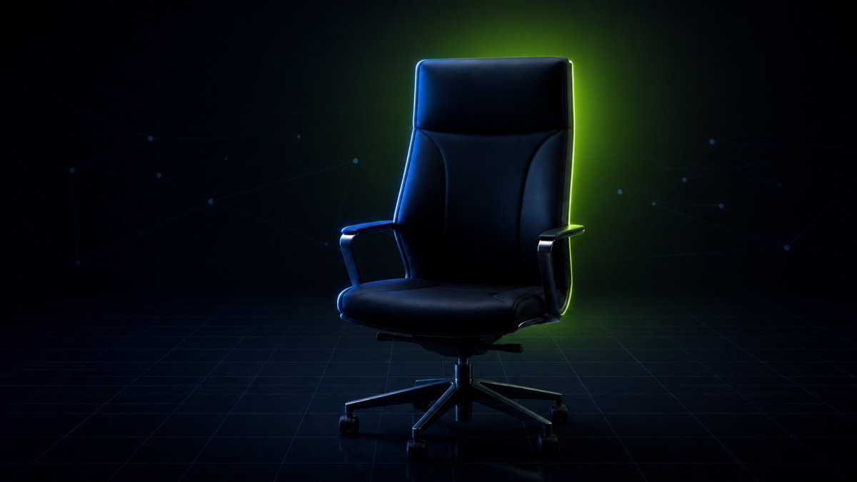 An empty black executive chair illuminated from behind by acid-green light against a dark systems grid.