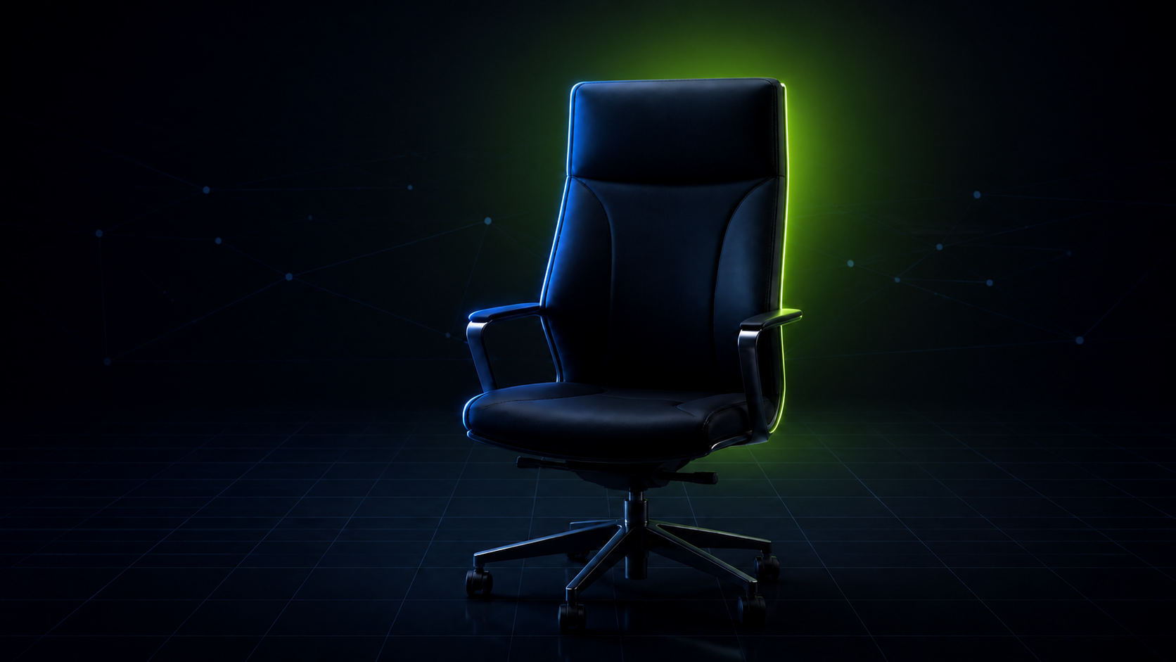 An empty black executive chair illuminated from behind by acid-green light against a dark systems grid.