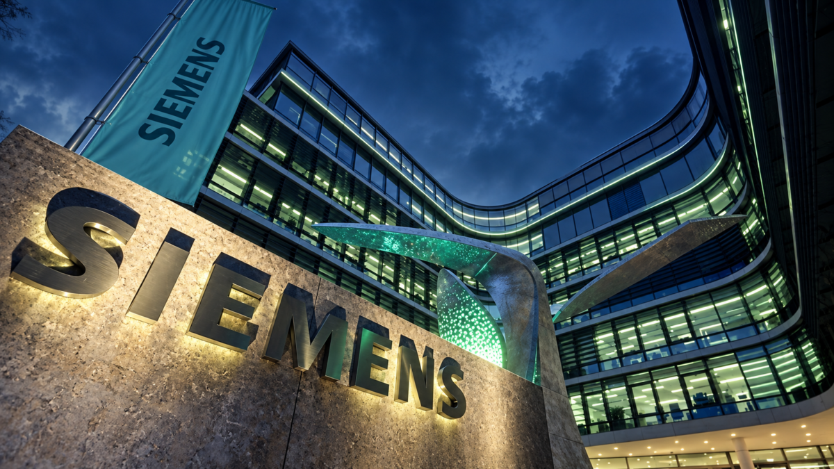 Siemens headquarters illuminated in Embiggen blue and green for an article about predictive quality in manufacturing.