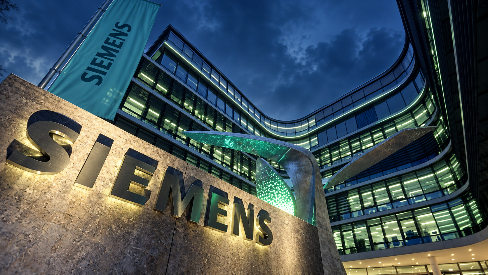 Siemens headquarters illuminated in Embiggen blue and green for an article about predictive quality in manufacturing.