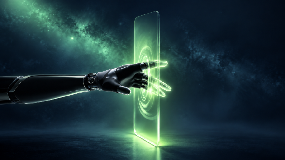 Robotic hand passing through a glowing green glass scanning panel against a navy background.