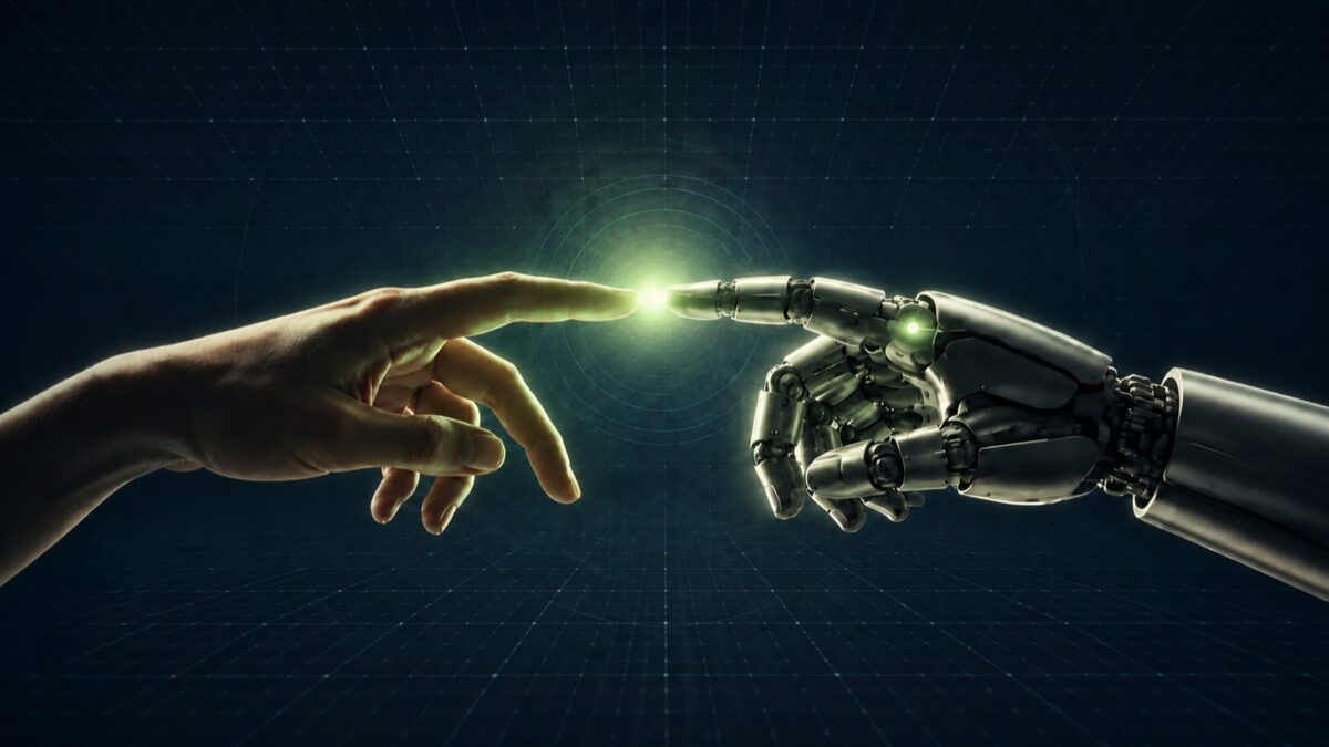 Human and robotic hands meeting over a digital grid, representing AI readiness and process alignment