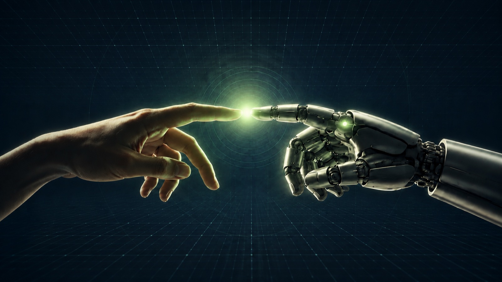 Human and robotic hands meeting over a digital grid, representing AI readiness and process alignment