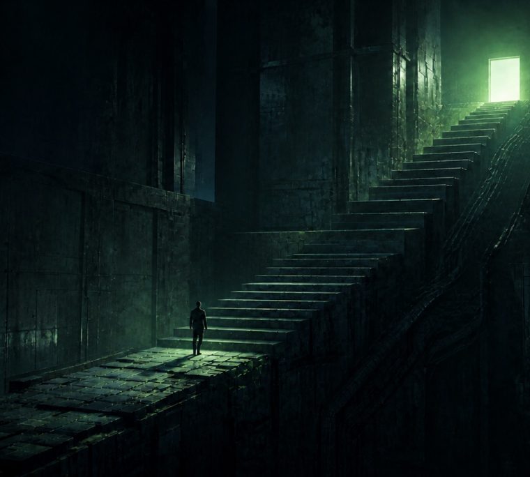 Industrial leader ascending a staged transformation roadmap toward an illuminated destination