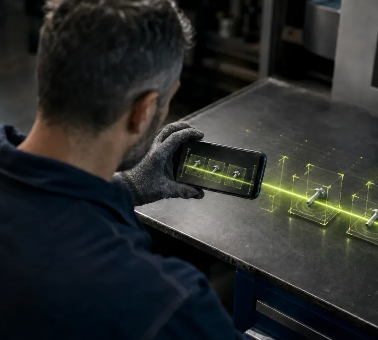 Factory worker using a role-aware AI agent to identify metal parts from a smartphone photo.